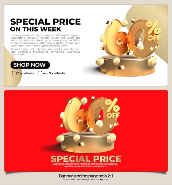 paquete de banner para la página de inicio, descuento de la tienda en línea, venta de productos promocionales de oro, precio especial del 60 por ciento