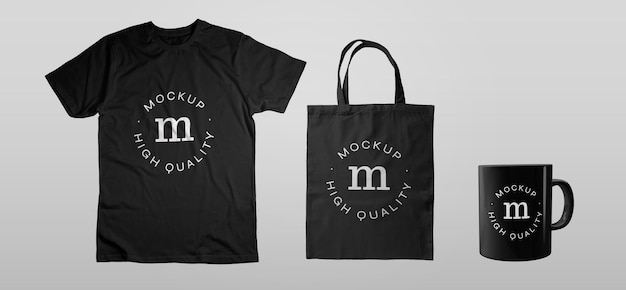 PSD paquete de camiseta negra tote bag y mug mockup