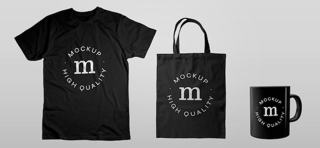 Paquete de camiseta negra Tote Bag y Mug Mockup