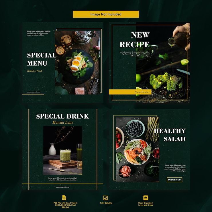 PSD paquete de conjunto de plantillas de publicación de instagram minimalista de diseño elegante de restaurante de comida saludable