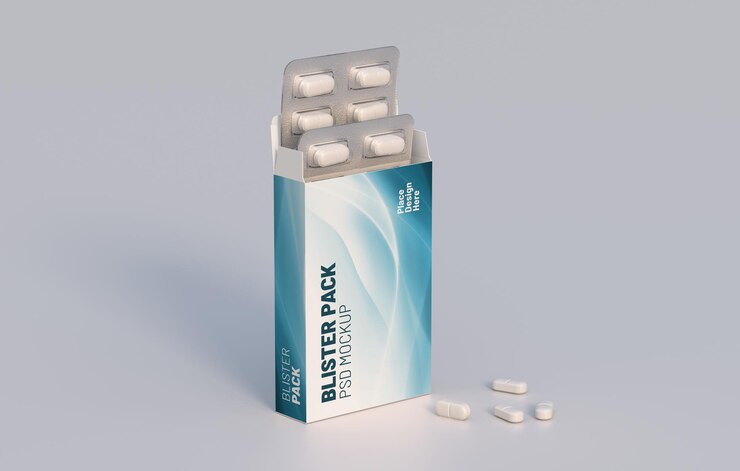 Paquete con dos ampollas con pastillas de medicamentos Plantilla de maqueta Representación 3d
