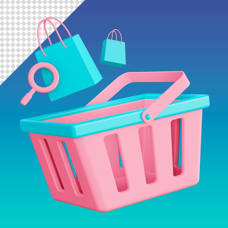 PSD paquete de iconos 3d, carrito de compras rosa con búsqueda de bolsas, elementos de diseño de redes sociales ui ux