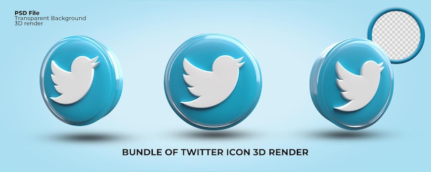 Paquete de iconos de representación 3D twitter color azul transparente twitter