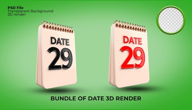 paquete de ilustración de representación 3D número fecha 29 para el día de la semana del evento, feriado, calendario 3D, horario 3D