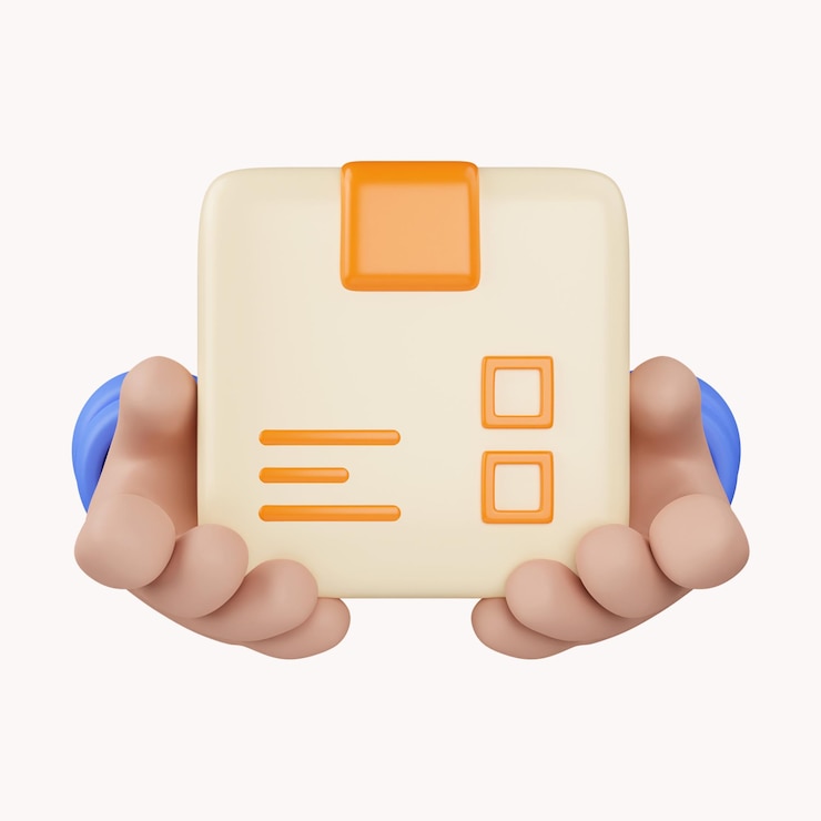 PSD paquete de mano 3d entrega del pedido en caja de cartón concepto de entrega rápida correo por mensajería icono de diseño creativo de dibujos animados aislado sobre fondo blanco representación 3d