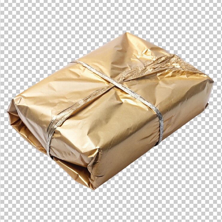 PSD un paquete de papel de aluminio está envuelto en un papel marrón sobre un fondo transparente