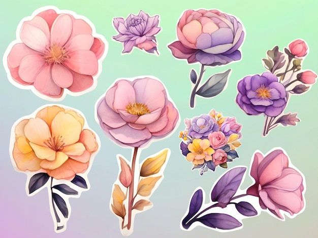 PSD el paquete de pegatinas psd de la colección de flores de primavera de acuarela de dibujos animados de colores