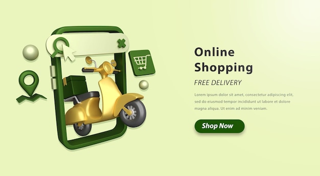 Paquete de plantillas de compras en línea servicio de entrega de compras en línea con scooter 3d