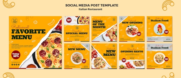 PSD paquete de publicaciones en redes sociales de restaurantes italianos