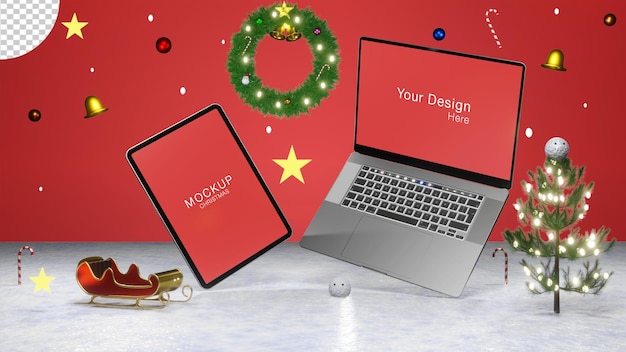 Paquete realista de computadora portátil de teléfono de Navidad y almohadilla con fondo rojo transparente aislado render Psd