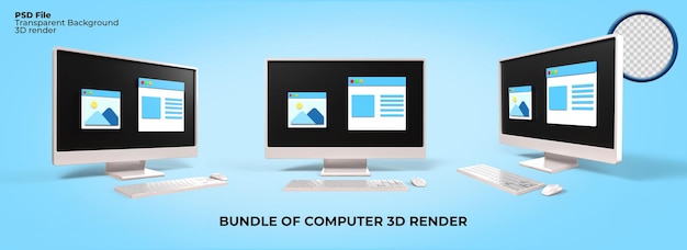 PSD paquete de trabajo de trabajo de conjunto de monitor de pc de escritorio de renderizado 3d, trabajador independiente, informe, negocio, editor, diseñador