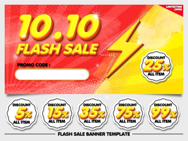 paquete venta flash 10.10 banner descuento rojo amarillo con etiqueta de elemento 5,15,25,35,75