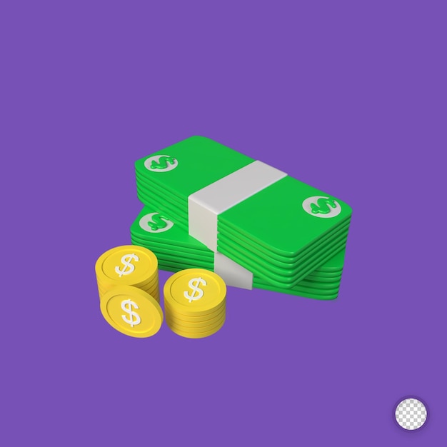 Paquetes de efectivo y monedas sobre fondo púrpura. Ahorro de dinero, concepto sin efectivo. Ilustración de render 3d