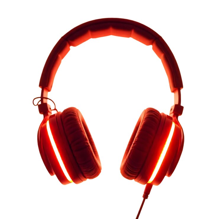 PSD un par de auriculares con la banda de plástico roja en él