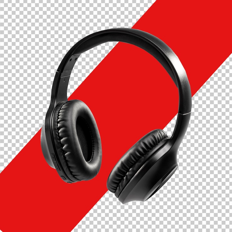 Par de auriculares PSD con una franja roja en el fondo rojo con fondo transparente