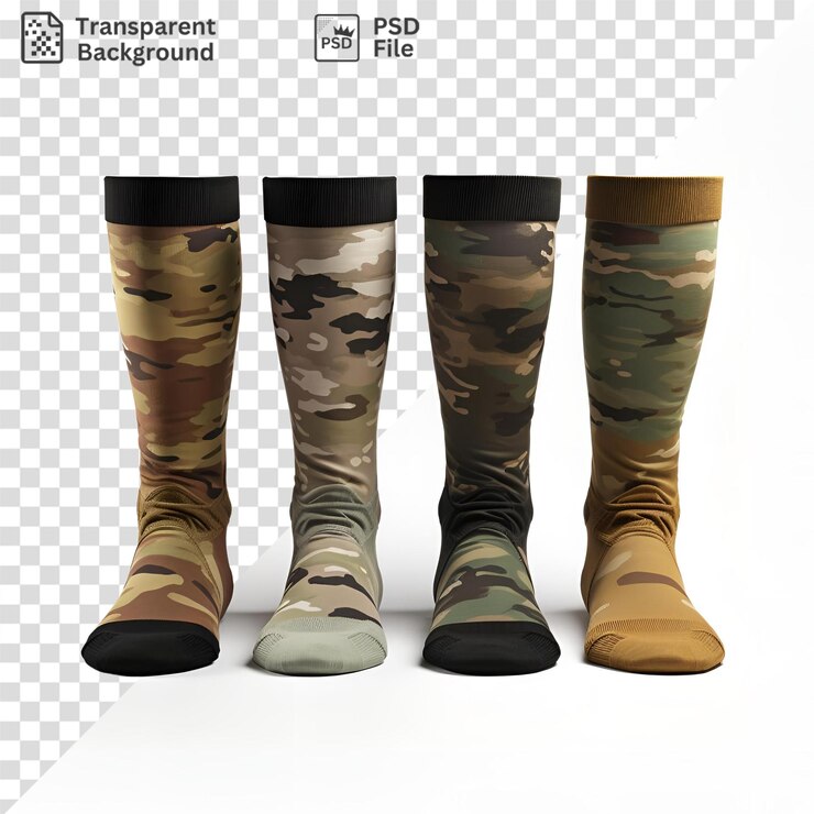 PSD un par de botas y calcetines camuflados, incluidas botas marrones y negras, se muestran en un fondo transparente. las botas presentan una mezcla de diseños marrones e negros con una bota con
