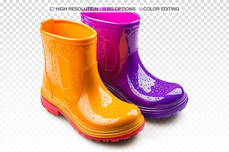 PSD un par de botas de goma naranja con botas púrpuras y naranjas