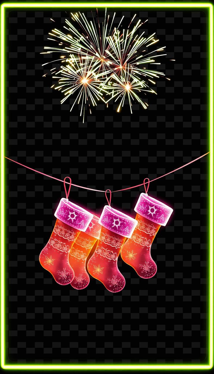 PSD un par de calcetines de navidad colgando de una cuerda con fuegos artificiales en el fondo