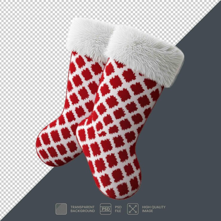 PSD un par de calcetines rojos y blancos con una capucha de pelaje blanco