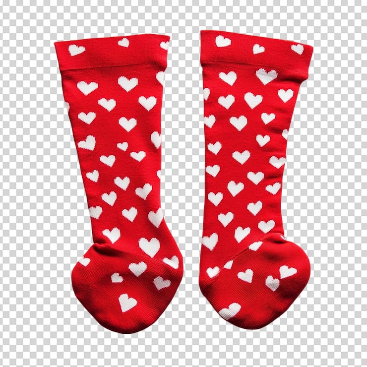 PSD un par de calcetines rojos con un patrón de muchos corazones aislados en fondo blanco