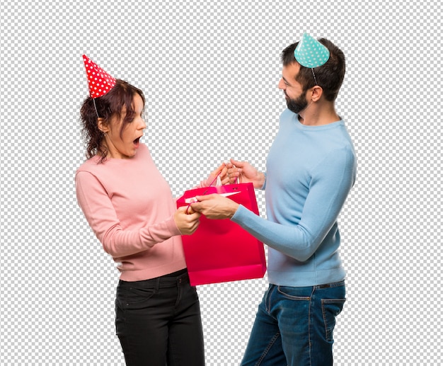 PSD par, com, chapéus aniversário, e, com, bolsas para compras