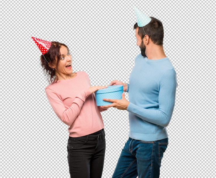 PSD par, com, chapéus aniversário, e, prendendo presentes