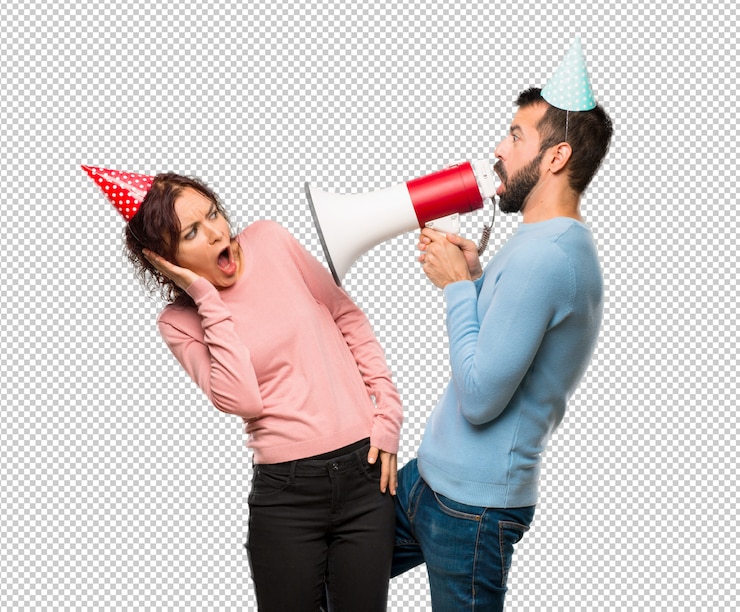 PSD par, com, chapéus aniversário, e, segurando, um, megafone