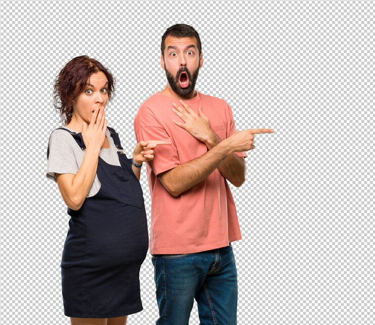 PSD par, com, mulher grávida, apontar dedo, para, a, lado, com, um, surpreendido, rosto