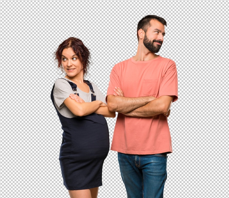 PSD par, com, mulher grávida, olhar, ombro, com, um, sorrizo