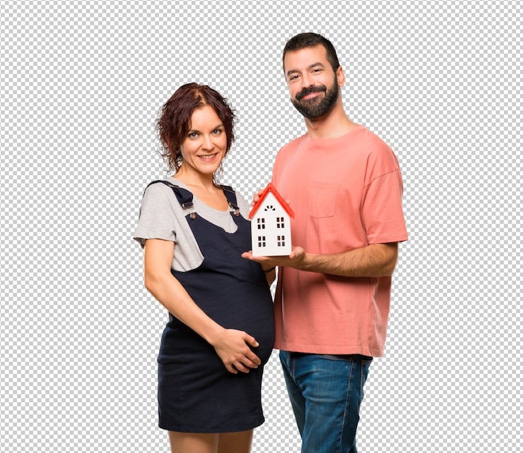 PSD par, com, mulher grávida, segurando, um, pequeno, casa