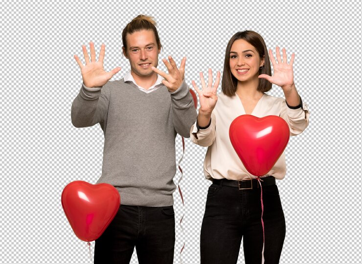 PSD par, em, dia valentine, contar, nove, com, dedos