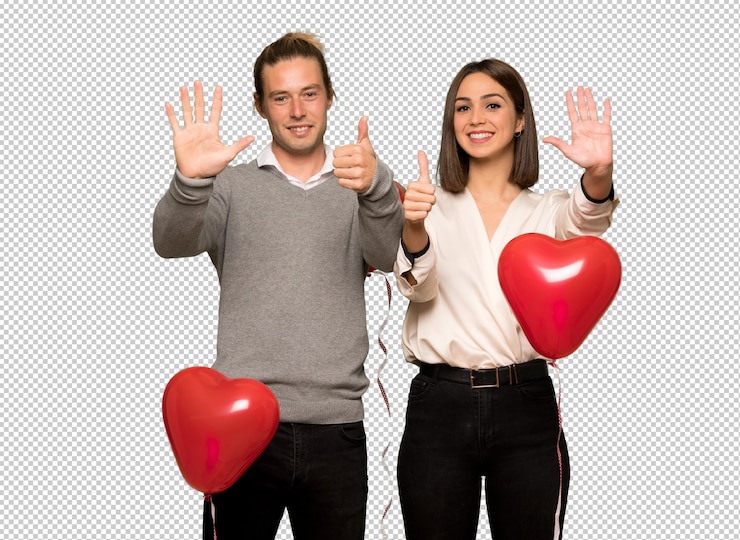 PSD par, em, dia valentine, contar, seis, com, dedos