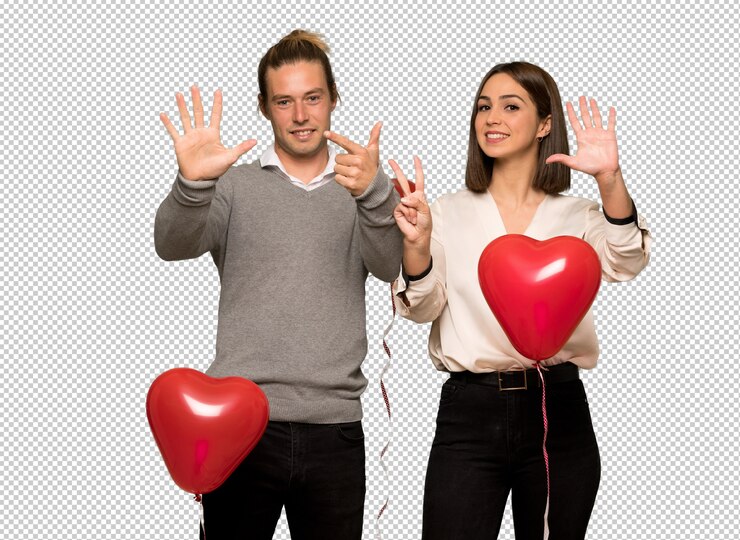 PSD par, em, dia valentine, contar, sete, com, dedos