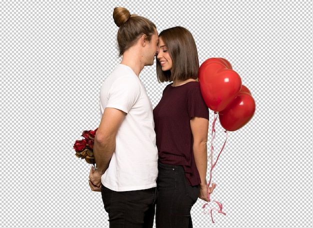 PSD par, em, dia valentine, segurando, um, coração, símbolo, e, balões