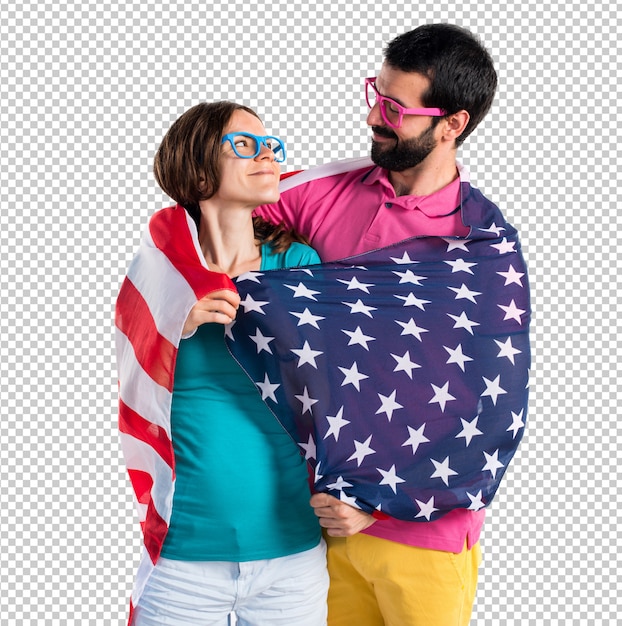 PSD par, em, roupas coloridas, segurando, um, bandeira americana