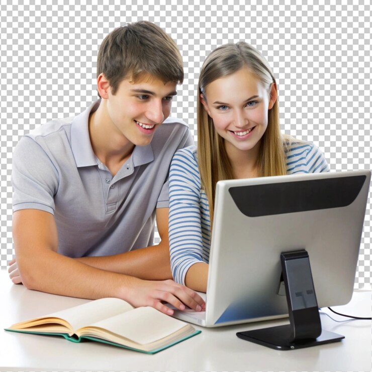 PSD un par de estudiantes estudiando con una computadora