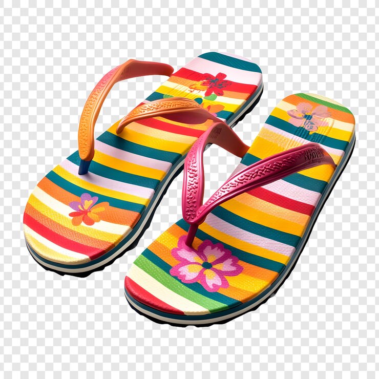 PSD un par de flip flops con rayas de arco iris en ellos