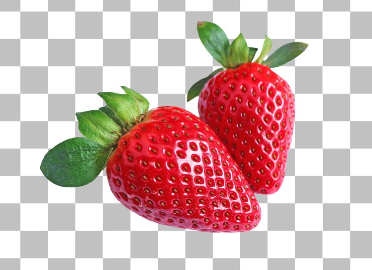 PSD par de fresas frescas rojas vibrantes aisladas sobre fondo transparente