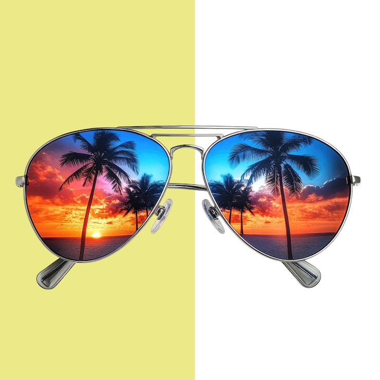 PSD un par de gafas de sol de aviador plateadas con lentes azules y naranjas que reflejan la puesta de sol en una playa de la isla aislada contra un fondo blanco fondo alfa transparente png