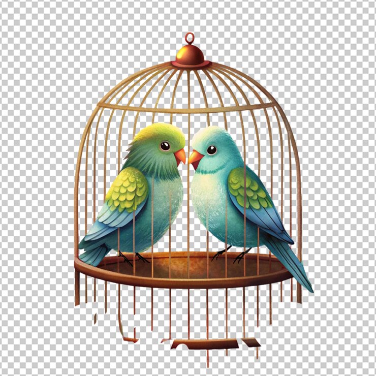 PSD un par de pájaros de amor se despertaron en una jaula.