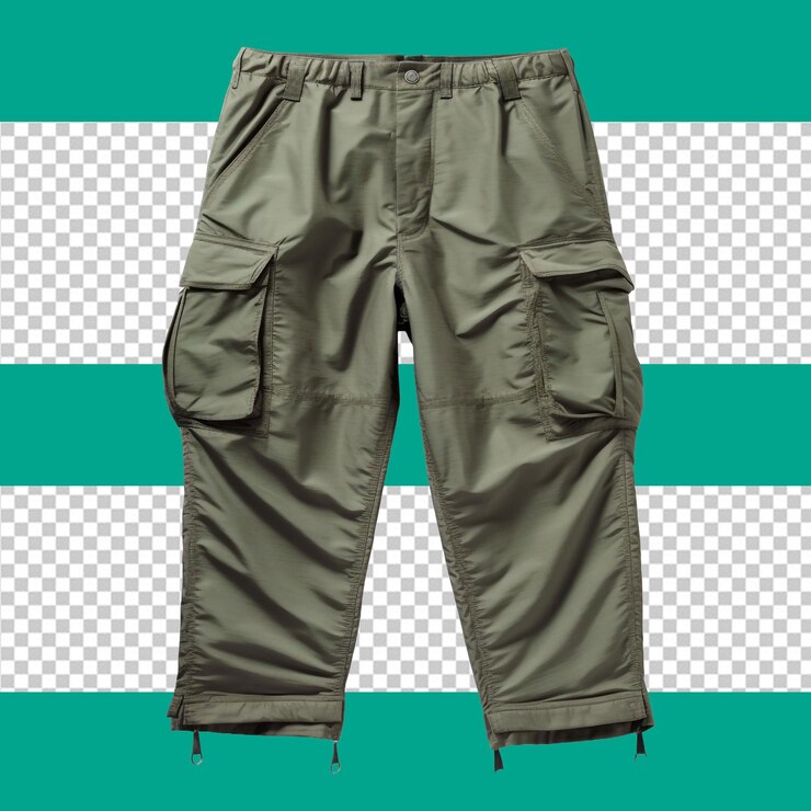 Un par de pantalones caqui PSD con un fondo verde con un fondo transparente