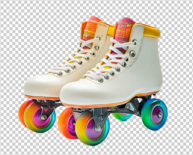 PSD un par de patines clásicos con botas blancas y ruedas de colores aisladas sobre un fondo blanco