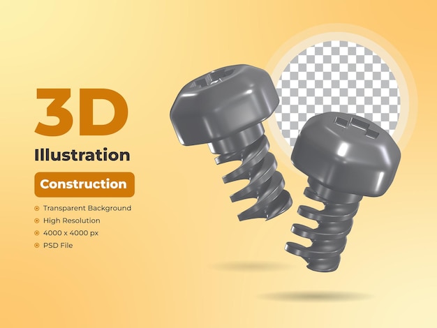 Un par de tornillos icono de construcción 3D con fondo transparente