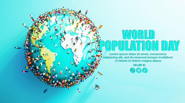 PSD para cartaz de mapa do mundo com pessoas ao redor do mundo e um fundo azul
