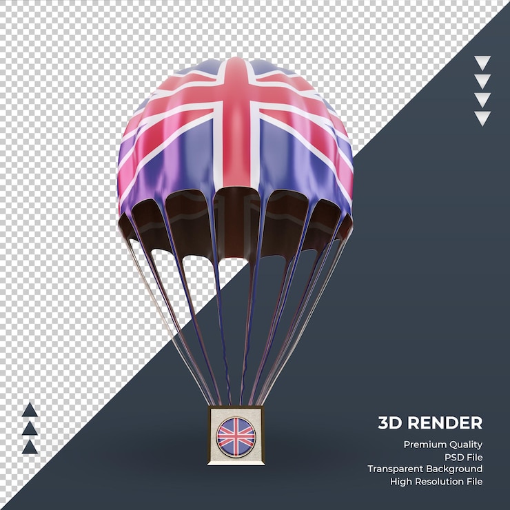 PSD paracaídas 3d renderizado de la bandera de reino unido vista frontal