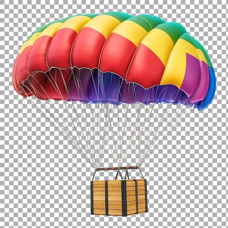 PSD paracaídas png con caja de madera contra un fondo transparente para transporte de aventura o proyectos de diseño militar