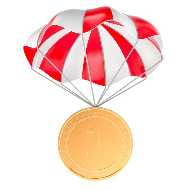 Paracaídas con representación 3D de moneda de oro aislada sobre un fondo transparente