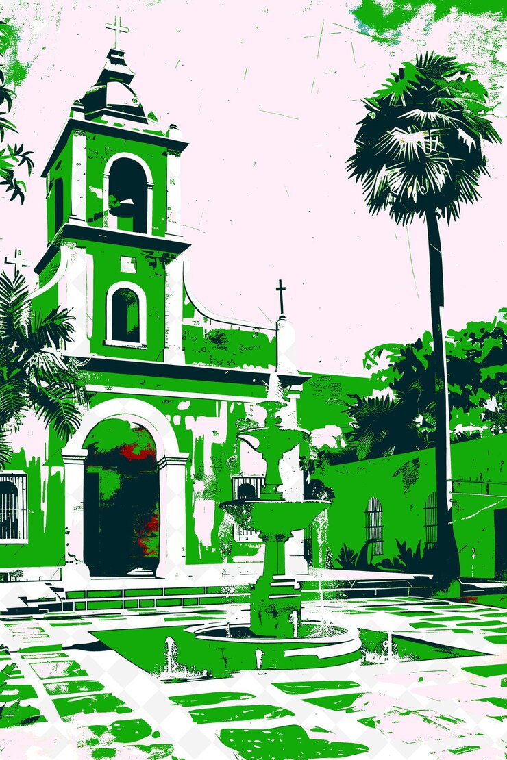 PSD paracambi historical site with a church and a fountain a red illustration brazilian life and culture