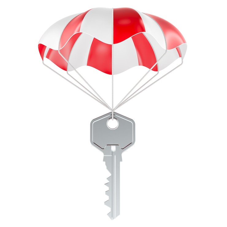 PSD parachute avec un rendu 3d de clé isolé sur un fond transparent