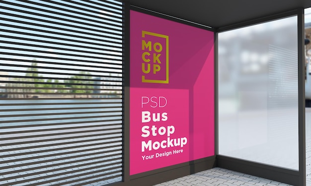 PSD parada de autobús, autobús, refugio, señal, maqueta, representación 3d